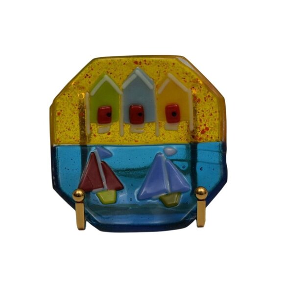 Hazel Millington Fused Glass Beach Scene Plate  Sailboats with Stand - Picture 4 of 4